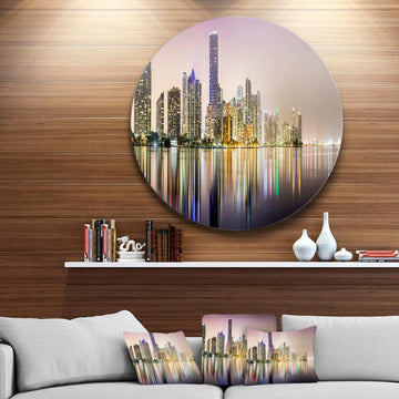 Miami Downtown Night Panorama - Architecture Round Metal Wall Art